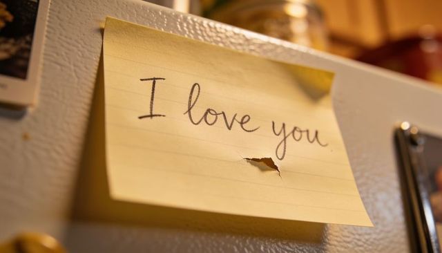 Handwritten i love you sticky note torn near magnet on refrigerator door, cozy kitchen