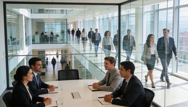 Business meeting in glass boardroom with professionals collaborating across atrium