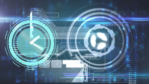 Futuristic Clock with Digital Interface and Data Processing Graphs