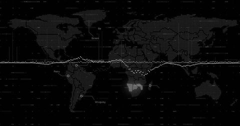 Monochrome dotted world map with waveform tracing equator and glowing south africa node
