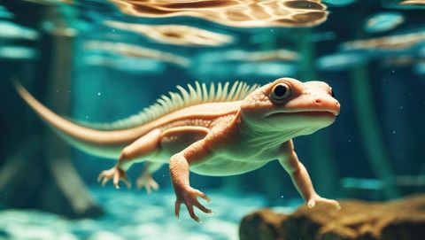 Aquatic amphibian gliding under water in serene aquarium