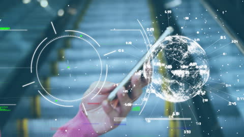 Woman Using Smartphone with Futuristic Data Overlay