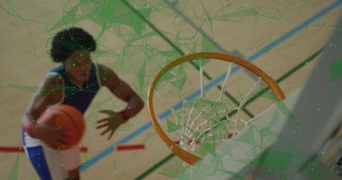 Energetic Basketball Player Dribbling with Digital Network Overlay