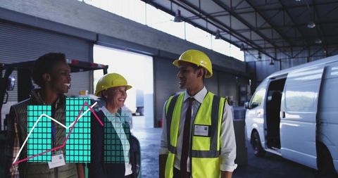 Warehouse Team Consulting with Helmets at Loading Bay Facility