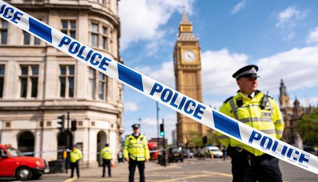 Police cordon across london street by elizabeth tower with officers in hi-vis jackets
