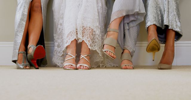 Bride and bridesmaids show off their shoes at room 4K 4k