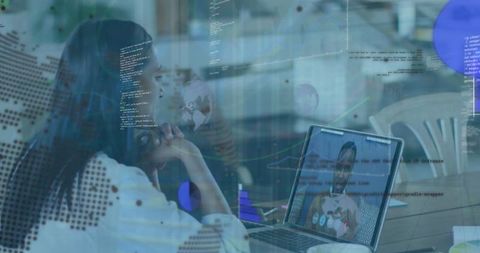 Businesswoman engaged in virtual meeting with global data overlays