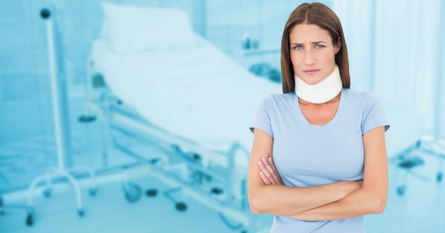 Digital composition of worried woman standing with arms crossed in hospital
