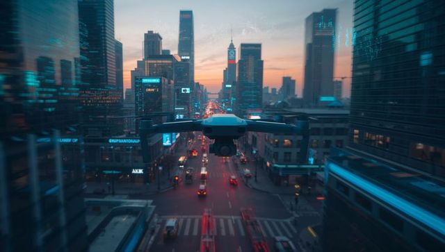 Hovering quadcopter capturing neon cityscape at dusk with light trails