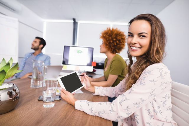 Smiling businesswoman using a digital tablet while her colleagues are discussing in a creative office meeting. Ideal for use in articles or advertisements related to teamwork, modern work environments, technology in business, and professional collaboration.