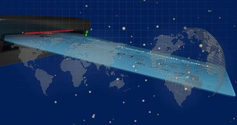 Futuristic holographic payment card ejecting from terminal over dotted global network