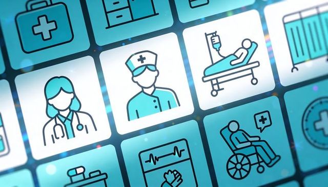 Healthcare interface tiles featuring nurse icon, iv drip, wheelchair, vital signs monitor