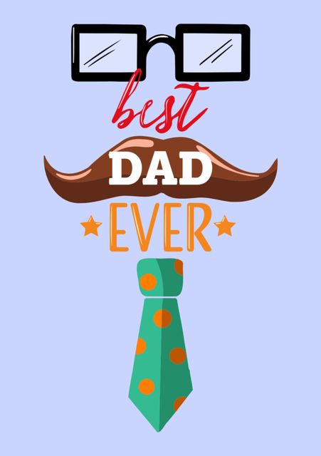 Bright, playful design ideal for creating Father's Day greeting cards and event invitations. Includes mustache, tie, and glasses graphic elements to add a charming touch. Perfect for personalized gifts, social media posts, and festive banners celebrating dad.