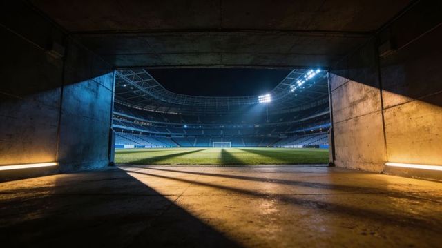 Stadium Tunnel View Revealing Illuminated Football Pitch Under Floodlights Night Atmosphere