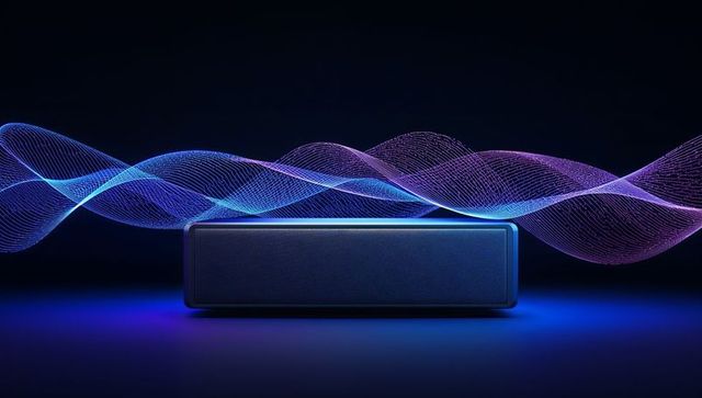 Slim smart soundbar emitting neon blue and purple waveforms for home audio