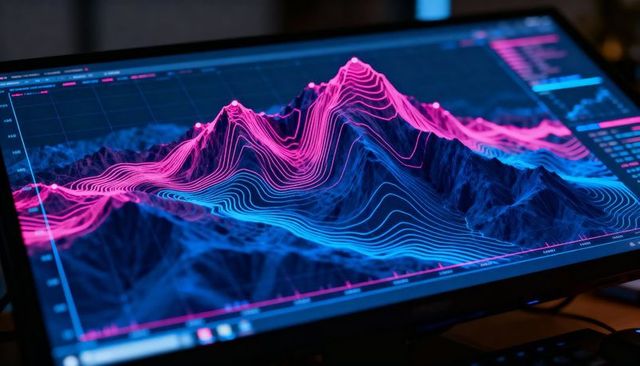 Neon 3d contour data visualization showing pink blue topographic analytics dashboard