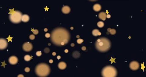 Golden bokeh orbs and yellow stars on deep navy backdrop, festive abstract nightscape