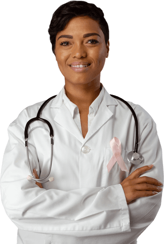Transparent female doctor with breast cancer awareness ribbon and stethoscope