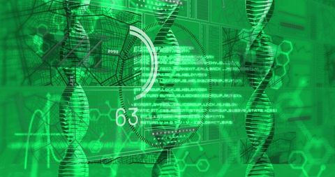 Futuristic dna helix holographic dashboard displaying genome data hud analytics code 63