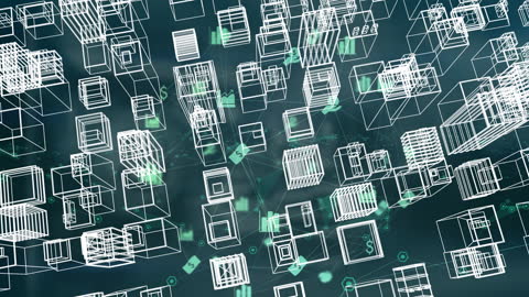 Digital Network of Floating 3D Boxes and Media Icons