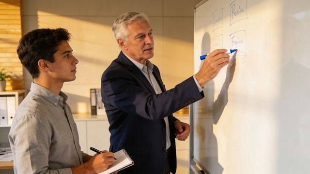 Senior mentor guiding young professional at whiteboard during business strategy session