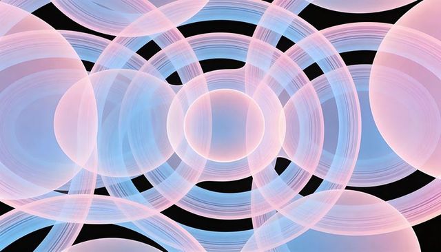 Floating translucent discs with concentric rings glowing pastel pink-blue abstract design