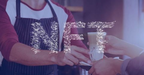 Cryptocurrency concept with nft over cafe interaction