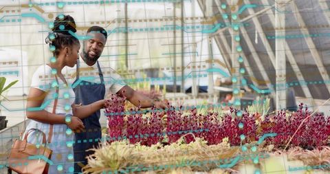 Greenhouse nursery staff pointing at seedlings, sustainable urban farming consultation