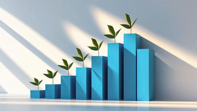 Sustainable growth concept with green shoots and blue bars