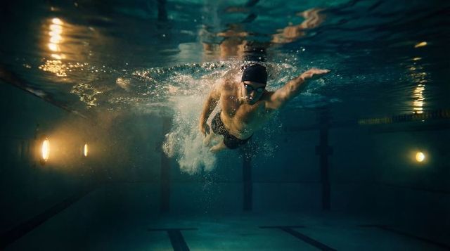 Male competitive swimmer powering underwater in pool, gliding with goggles and swim cap