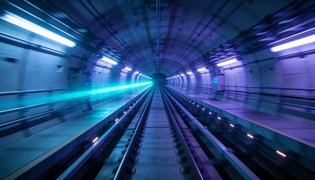 Futuristic neon-lit subway tunnel with vanishing point perspective and motion blur