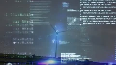 Wind Turbine with Digital Code Overlay at Dusk