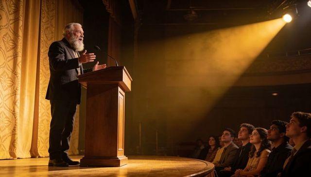 Senior bearded speaker delivering keynote on theater stage under warm golden spotlight