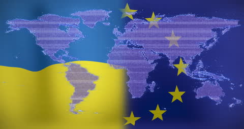 Digital Fusion of Ukraine Flag with European Union and World Map