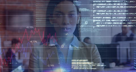 Confident Businesswoman Overlaid with Futuristic Infographic Interface
