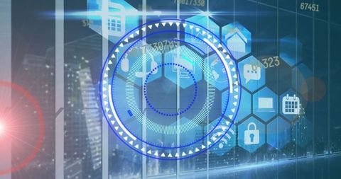 Futuristic digital interface with hexagonal icons and holographic display
