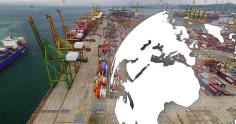 White globe overlaying aerial container port with cranes and cargo for global logistics