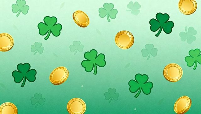 Floating shamrocks and spinning gold coins on green gradient for st patrick celebration