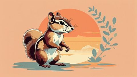 Charming Chipmunk Illustration at Sunrise with Leaf and Sun Background