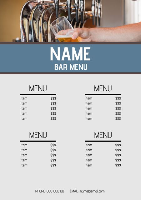 The modern bar menu template is ideal for showcasing drink lists with a clean, sleek design suitable for bars, pubs, and restaurants. Perfect for displaying a variety of beverages, including specialty cocktails, beers, wines, and non-alcoholic options with clearly listed prices. Easily customizable to fit your brand's themes and styles, this template is excellent for printing physical menus or using digitally. This format ensures clarity and ease of use for customers, enhancing the overall dining experience.