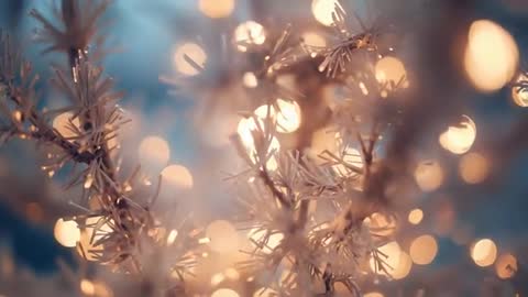 Macro View of Frost-Coated Evergreen with Warm Bokeh Lights