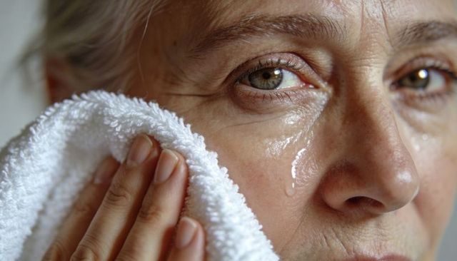 Senior woman wiping tear with white terry towel closeup showing emotion and skin texture