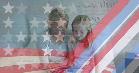 Mother and Daughter Reading with American Flag Overlay
