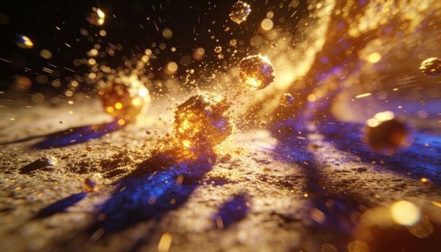 Golden luminescent orbs exploding with glitter particles on textured surface macro cinematic light