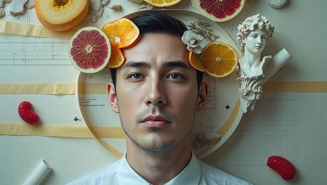 Styled model in art studio with citrus and sculpture bust
