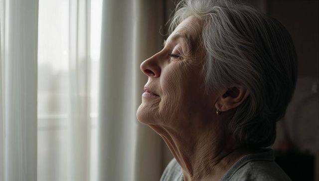Senior woman reflecting by window light, serene elderly portrait, peaceful contemplation