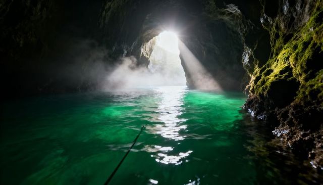 Streaming Sunbeam Through Coastal Grotto Illuminating Emerald Water and Moss-Lined Arch