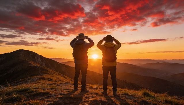 Two hikers watching sunset on mountain ridge silhouette with backpacks