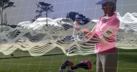Woman Adjusting Golf Club on Course with Digital Overlay