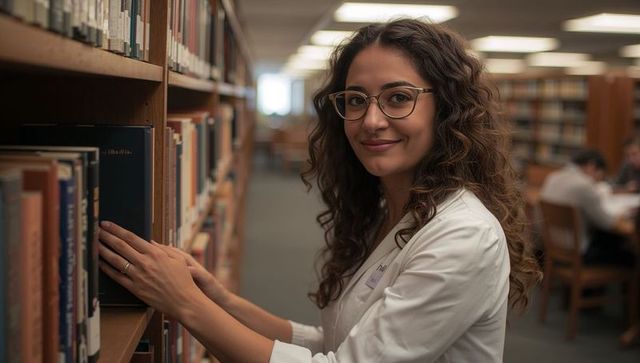 Smiling librarian pulling blue book from wooden bookshelf wearing glasses and white coat